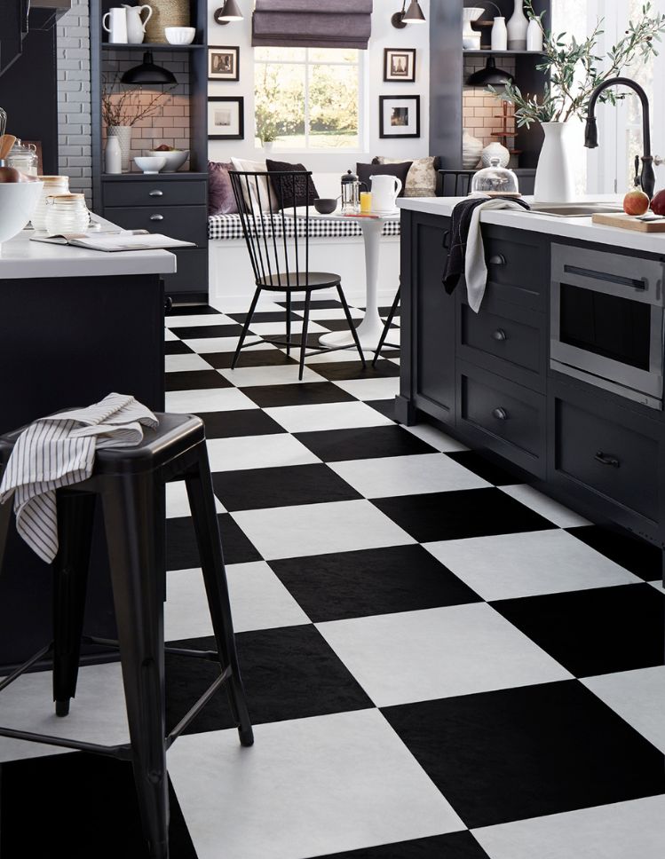 checkered luxury vinyl tile floors in a stylish kitchen